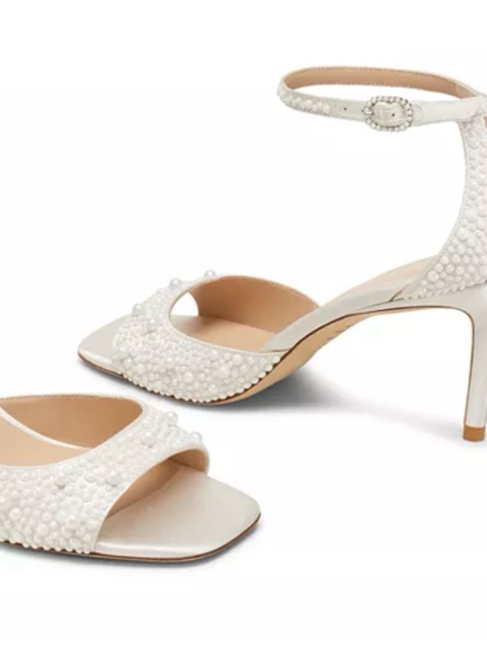Stuart Weitzman Women's Bliss 75 Sandals Pearl-Embellished White Ankle-Strap Sz9 - Picture 3 of 13